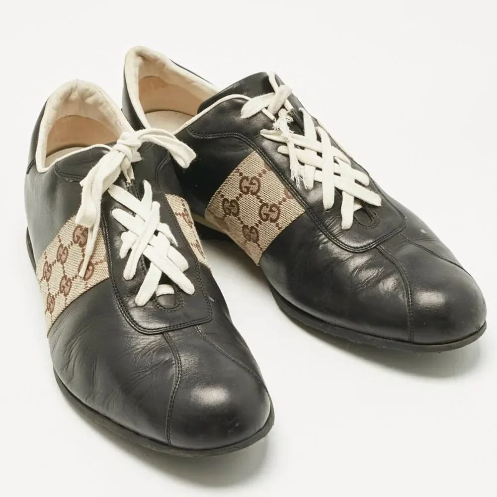 Gucci Beige/black Leather And Canvas Tennis Low Top Sneakers Size 45